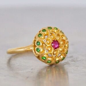 14k gold ruby and tsavorite hand carved artisan ring